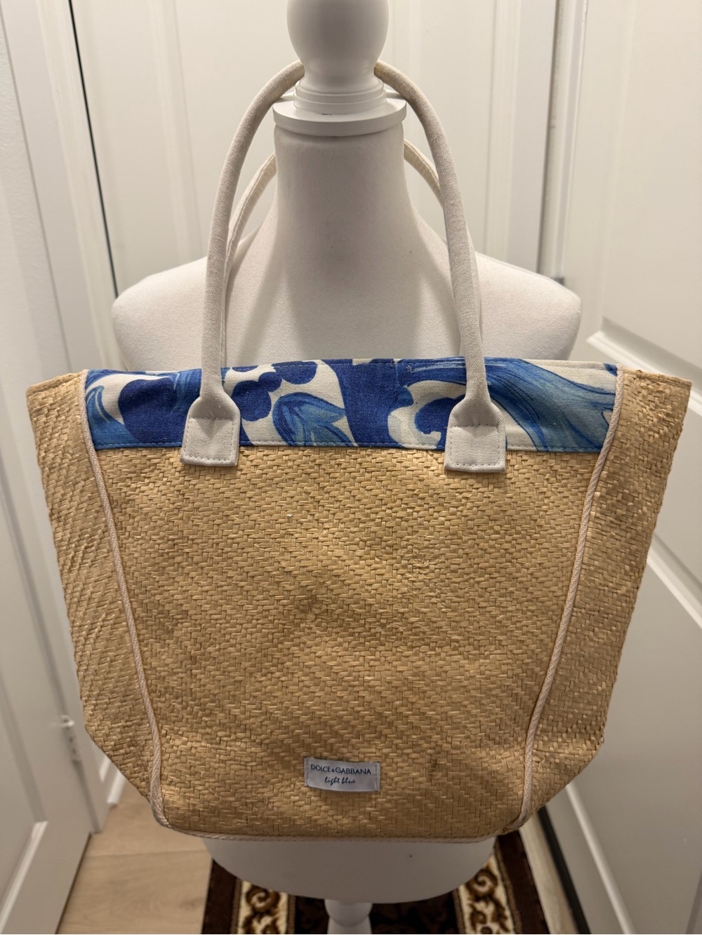 Dolce & Gabbana Beige Straw Tote with Blue Floral Trim and White Handles